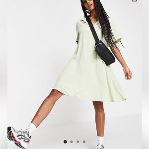 Weekday Millie smock mini dress in sage green